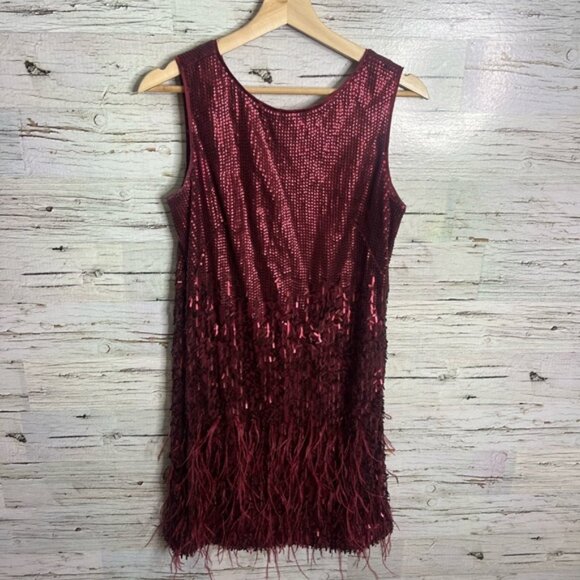 Jessica Simpson Mod Fancy Sequin Feathers Sparkle Dress fringe red size 6 - Picture 1 of 7